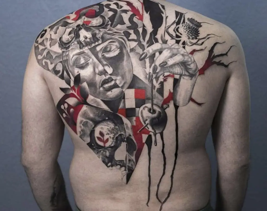 Trash Polka Tattoo with Small and Red Chess Pieces